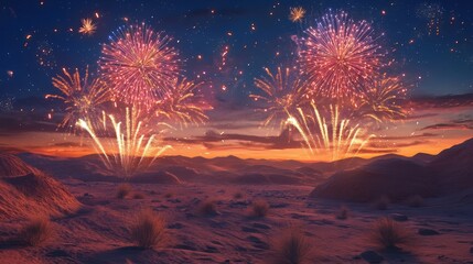 Wall Mural - Desert with celebration fireworks illustration