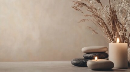 Poster - Relaxing spa atmosphere with massage stones and candles for a tranquil experience. Generative AI
