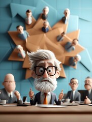 Poster - Stylized 3D cartoon characters engaged in problem solving discussions and collaborative decision making in a modern minimalist corporate boardroom setting