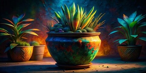 Wall Mural - Artistic Plant Pot, Watercolor Paintbrush Strokes, Low Light Photography, Textured Ceramic