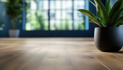 Poster - Modern Interior: Plant in Pot on Wooden Floor near Window with Green View