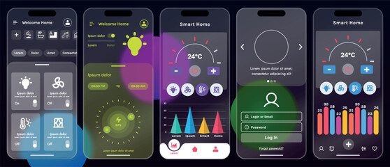 Sleek vector illustration of a smart home app interface displayed on a smartphone. The design features a glass base, modern icons and controls.