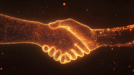Poster - Two wire-frame glowing hands, handshake, technology, business, trust concept