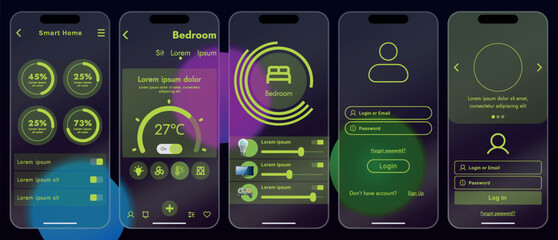 Fototapete - Sleek vector illustration of a smart home app interface displayed on a smartphone. The design features a glass base, modern icons and controls.