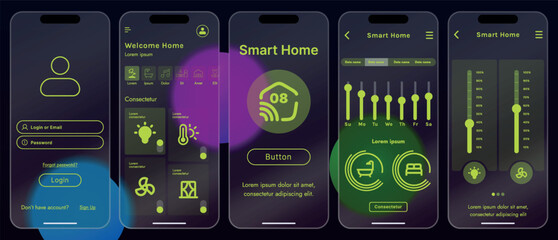 Poster - Sleek vector illustration of a smart home app interface displayed on a smartphone. The design features a glass base, modern icons and controls.