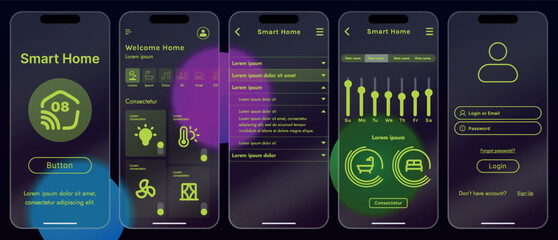 Sleek vector illustration of a smart home app interface displayed on a smartphone. The design features a glass base, modern icons and controls.
