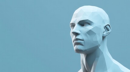 Poster - Abstract polygonal male head portrairt on blue background. Artificial intelligence concept. 3D Rendering.