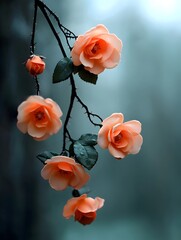 Poster - Serene nature inspired garland of delicate rose blossoms in a soft watercolor style aesthetic evocative of Impressionist painting techniques with a hazy muted color palette and a blurred