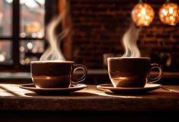 cinematic close steaming coffee cups showcasing rich deep intricate steam patterns inviting coffee setting, barista, brew, beverage, ceramic, caffeinated