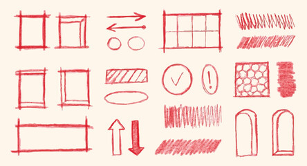 Poster - Red freehand signs, frames and symbols, arrows and checkmarks, hatching elements. Graphic design elements, vector illustration set.