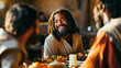 © tiagozr - Black Jesus joyfully smiling with disciples at a table during the Last Supper.