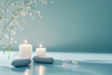Poster - Relaxing spa setup with candles and smooth stones inviting tranquility and calm peace. Generative AI
