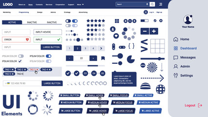 Fototapete - A modern UI kit featuring a collection of buttons, icons, navigation menus, and responsive design elements. Includes login forms, media players, search bars, and calendars, ideal for apps, websites