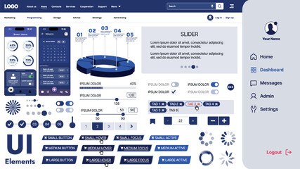 Fototapete - A modern UI kit featuring a collection of buttons, icons, navigation menus, and responsive design elements. Includes login forms, media players, search bars, and calendars, ideal for apps, websites