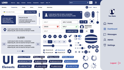 Fototapete - A modern UI kit featuring a collection of buttons, icons, navigation menus, and responsive design elements. Includes login forms, media players, search bars, and calendars, ideal for apps, websites