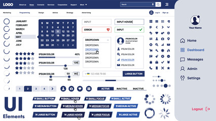 Fototapete - A modern UI kit featuring a collection of buttons, icons, navigation menus, and responsive design elements. Includes login forms, media players, search bars, and calendars, ideal for apps, websites