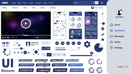 Fototapete - A modern UI kit featuring a collection of buttons, icons, navigation menus, and responsive design elements. Includes login forms, media players, search bars, and calendars, ideal for apps, websites
