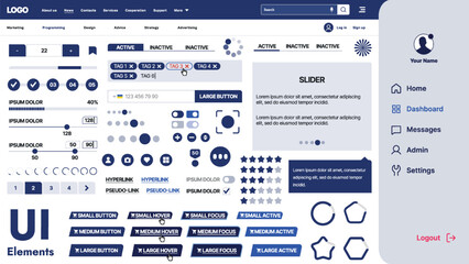 Fototapete - A modern UI kit featuring a collection of buttons, icons, navigation menus, and responsive design elements. Includes login forms, media players, search bars, and calendars, ideal for apps, websites