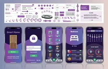 Poster - A sleek smart home application interface template featuring modern icons and a gradient design. Includes navigation menus for managing devices, monitoring security, controlling temperature