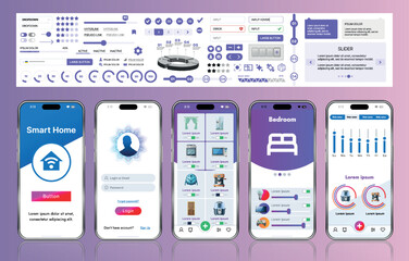 Poster - A sleek smart home application interface template featuring modern icons and a gradient design. Includes navigation menus for managing devices, monitoring security, controlling temperature