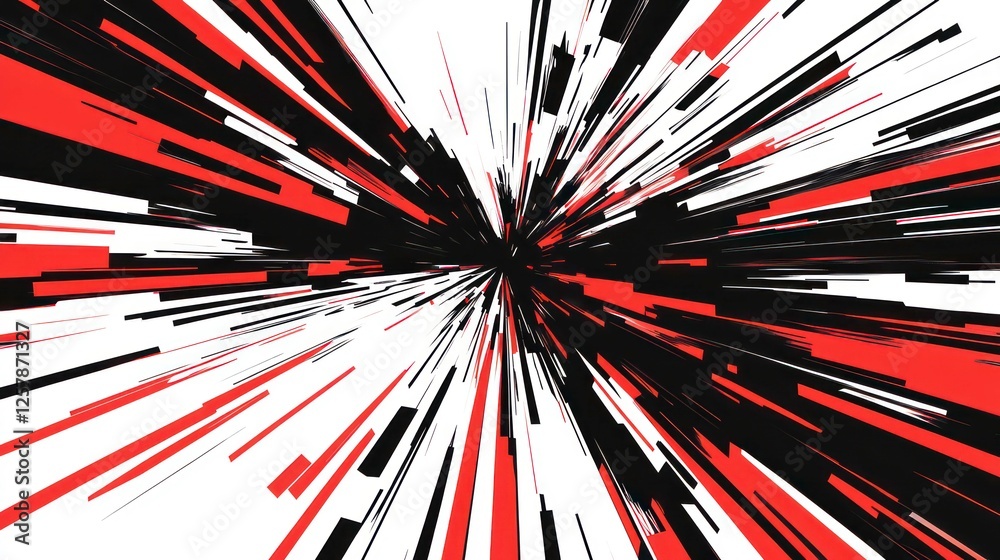 Abstract red, black, white lines converging to a vanishing point ...