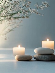 Aufkleber - Relaxing spa environment with smooth stones and lit candles for ultimate tranquility and wellness experience. Generative AI