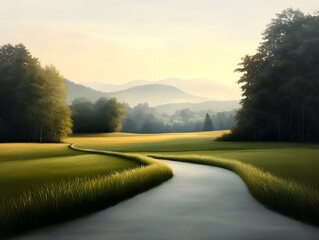 Poster - Richly Detailed Plein Air Landscape Painting Depicting a Flourishing Grass Border Framing a Captivating Outdoor Tableau