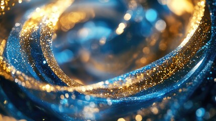 Gold and blue glittery bokeh effect in a circular pattern against darker background