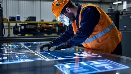 Poster - industrial engineer wearing safety equipment using interactive touchscreen table with holographic au