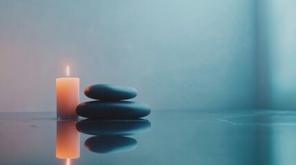 Aufkleber - Relaxing spa environment with smooth massage stones and calming lit candles for peace and tranquility. Generative AI
