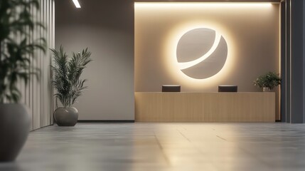 Poster - Modern office reception area with minimalist design, wood counter, plants, and illuminated logo.