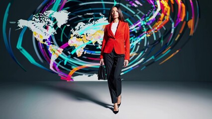 Wall Mural - Businesswoman walking confidently with a briefcase, approaching a vibrant graphic of a world map, surrounded by swirling connections symbolizing global networks and communication