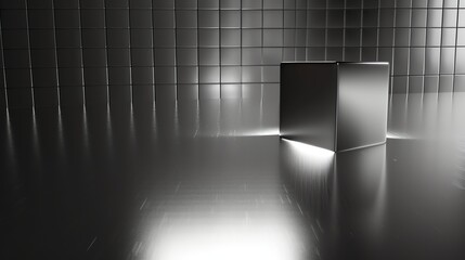 Wall Mural - A single silver cube sits on a reflective, gray floor, in a room with a grid-patterned wall.