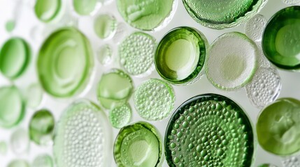 Poster - With the lighting of natural light, green circles create a beautiful artistic arrangement on a white background, displaying vibrant colors and textures