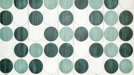 Poster - Circular painting tools in various shades of green are meticulously arranged on a white wooden surface, showcasing an artistic ambiance and inviting creative expression in a bright workspace