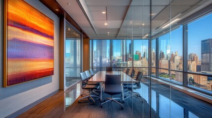 Canvas Print - Glass-walled corporate office with contemporary design, city skyline reflections