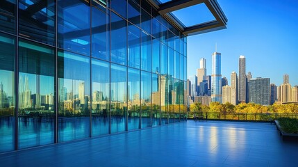 Canvas Print - Glass-walled corporate office with contemporary design, city skyline reflections