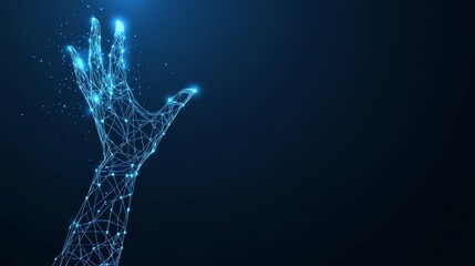 Poster - Abstract Network Connection Polygonal Hand Reaching for Glowing Dots, Technology Background