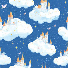 a seamless pattern of enchanted castles floating on clouds, surrounded by twinkling stars and tiny f