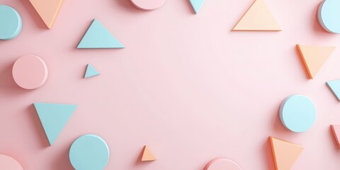 Wall Mural - Colorful circle and triangle shapes on a pastel pink background.