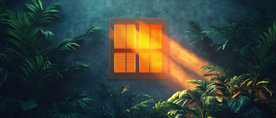 Wall Mural - Tropical room, lit window, plants