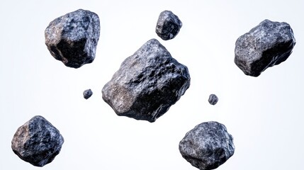 Poster - Scattered dark gray rocks, various sizes and shapes, on a plain white background. Digital rendering, pixelized or pixel art style.  Soft, diffused