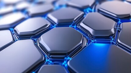 Wall Mural - Abstract background of interconnected hexagonal shapes, rendered in shades of silver and highlighted with vibrant blue light, creating a futuristic