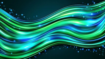 Wall Mural - Abstract graphic design featuring vibrant green and blue wavy lines, shimmering with glowing light effects against a dark background. Scattered