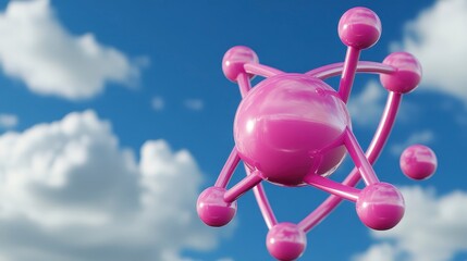 Wall Mural - 3d rendering of a vibrant pink molecule structure, floating against a backdrop of a partly cloudy sky. The molecule is composed of glossy pink