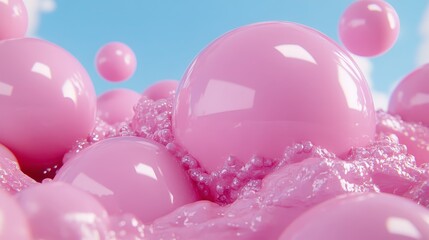 Poster - abstract 3d render of a cluster of glossy pink spheres, appearing to be levitating or falling, over 