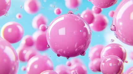 Poster - abstract 3d render of many glossy, light pink spheres in mid air against a light blue background. th