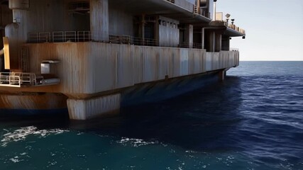 Poster - large rusty offshore platform floating on calm ocean water, showing signs of wear and tear, suggesti