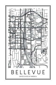 Printable downtown road map poster of the USA city of BELLEVUE on solid white background with city name