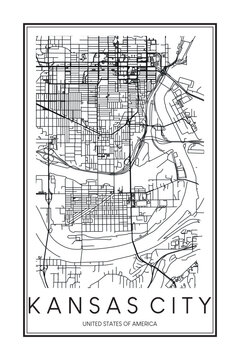 Printable downtown road map poster of the USA city of KANSAS CITY on solid white background with city name